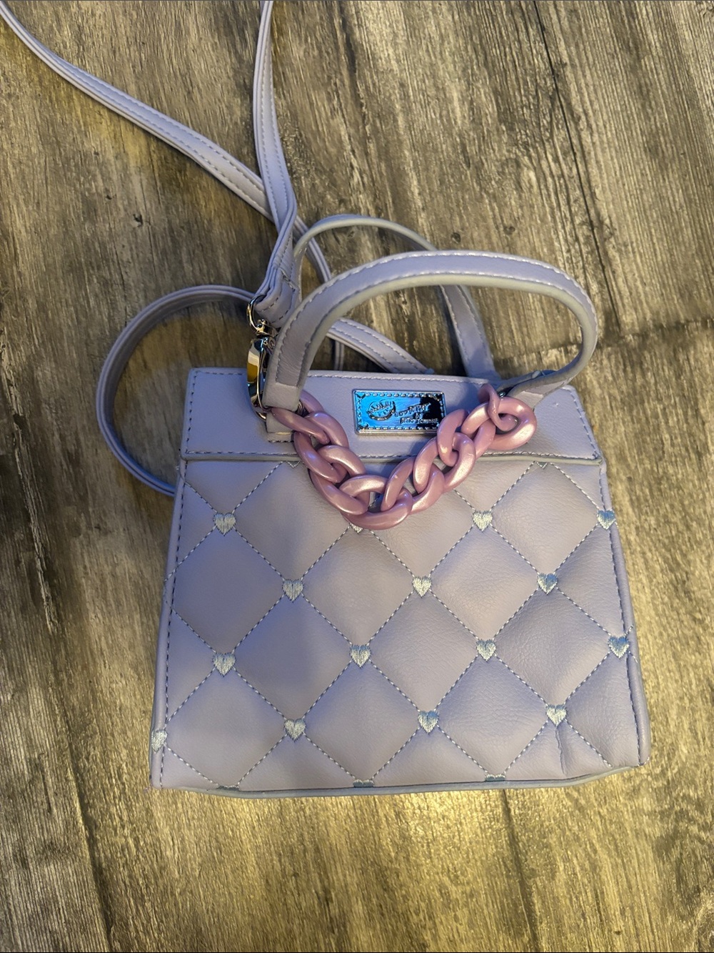 Betsey Johnson Lavender Quilted Mini Top-Handle Crossbody with purple Chain